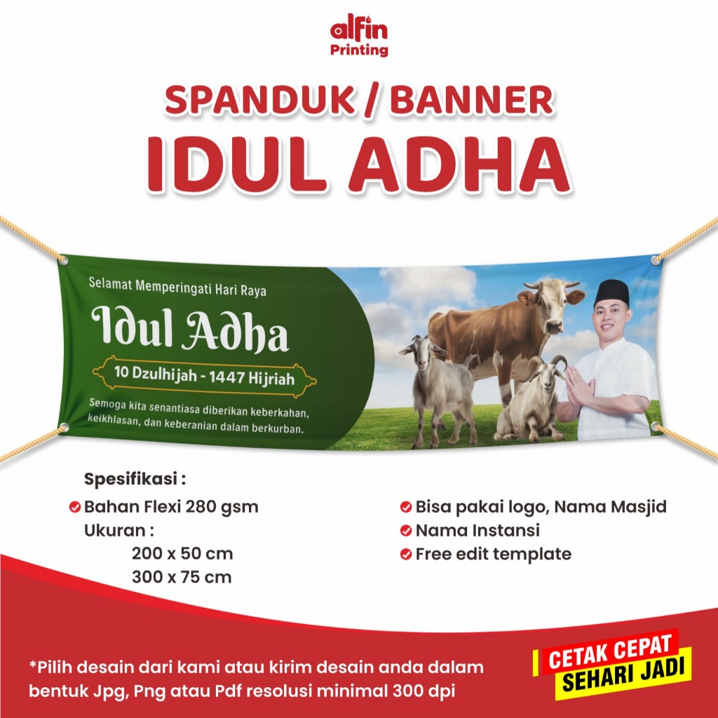 Banner Idul Adha 2026 1447 H / Spanduk Hewan Qurban, MMT Idul Adha Murah Sehari Jadi Free Template