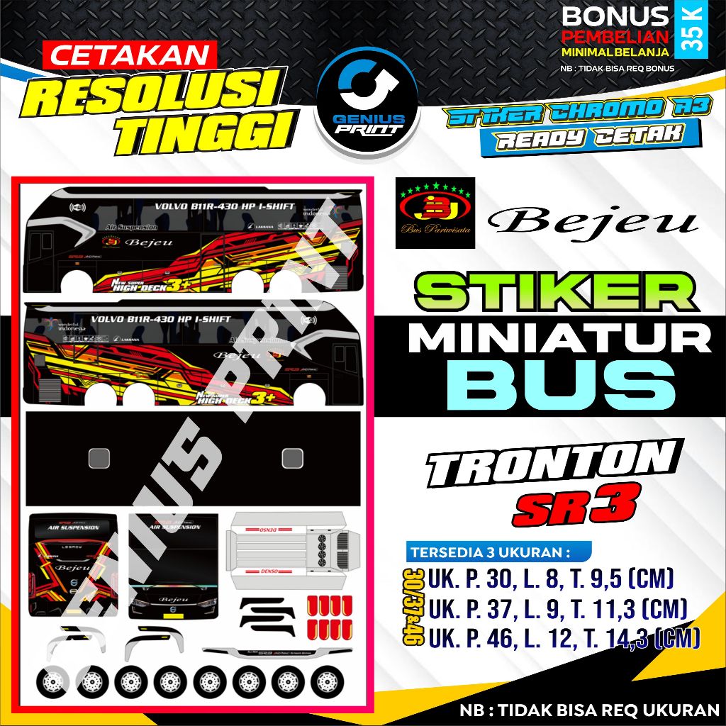 Stiker Miniatur Bus [ SR3 Tronton ] Livery Bejeu | Gunung Harta | Harapan Jaya | Kalebas | Pandawa 8