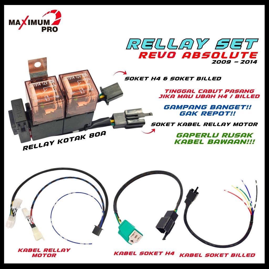 PREMIUM KABEL RELAY LAMPU SET REVO ABSOLUTE 2009-2014 80A HID SOKET BILED LED H4 MOTOR SOCKET RELLAY