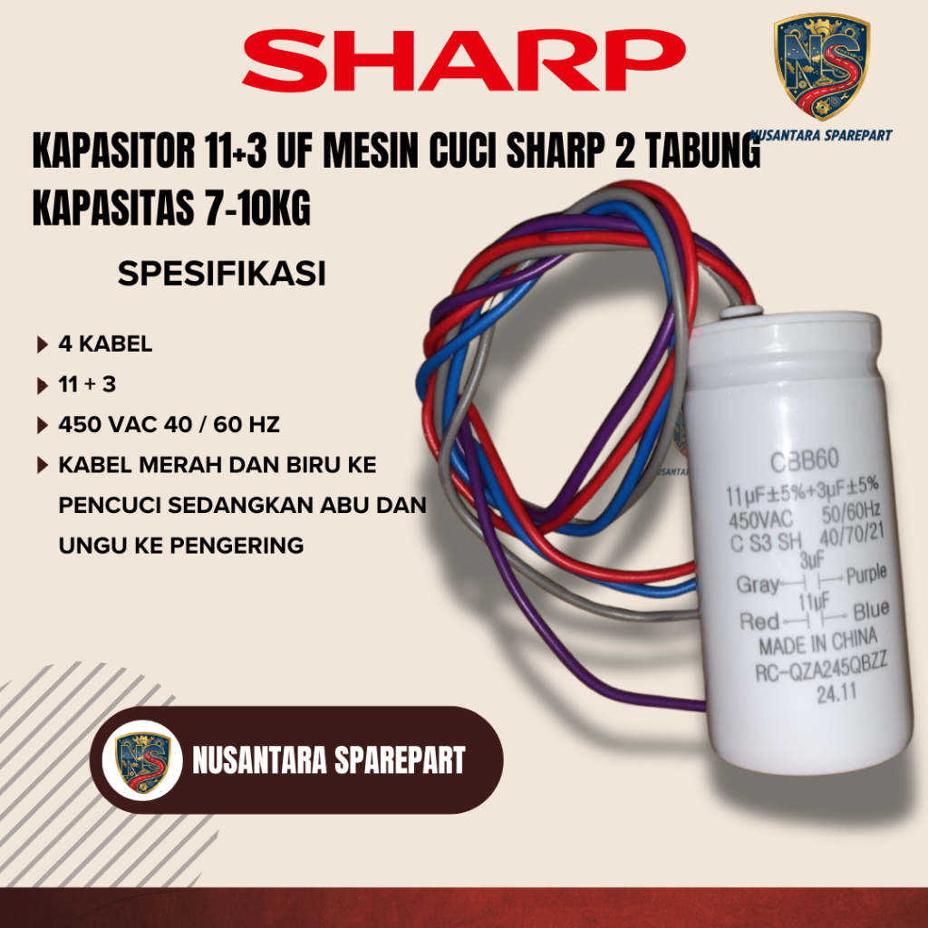 KAPASITOR 11+3 UF MESIN CUCI SHARP 2 TABUNG KAPASITAS 7-10KG