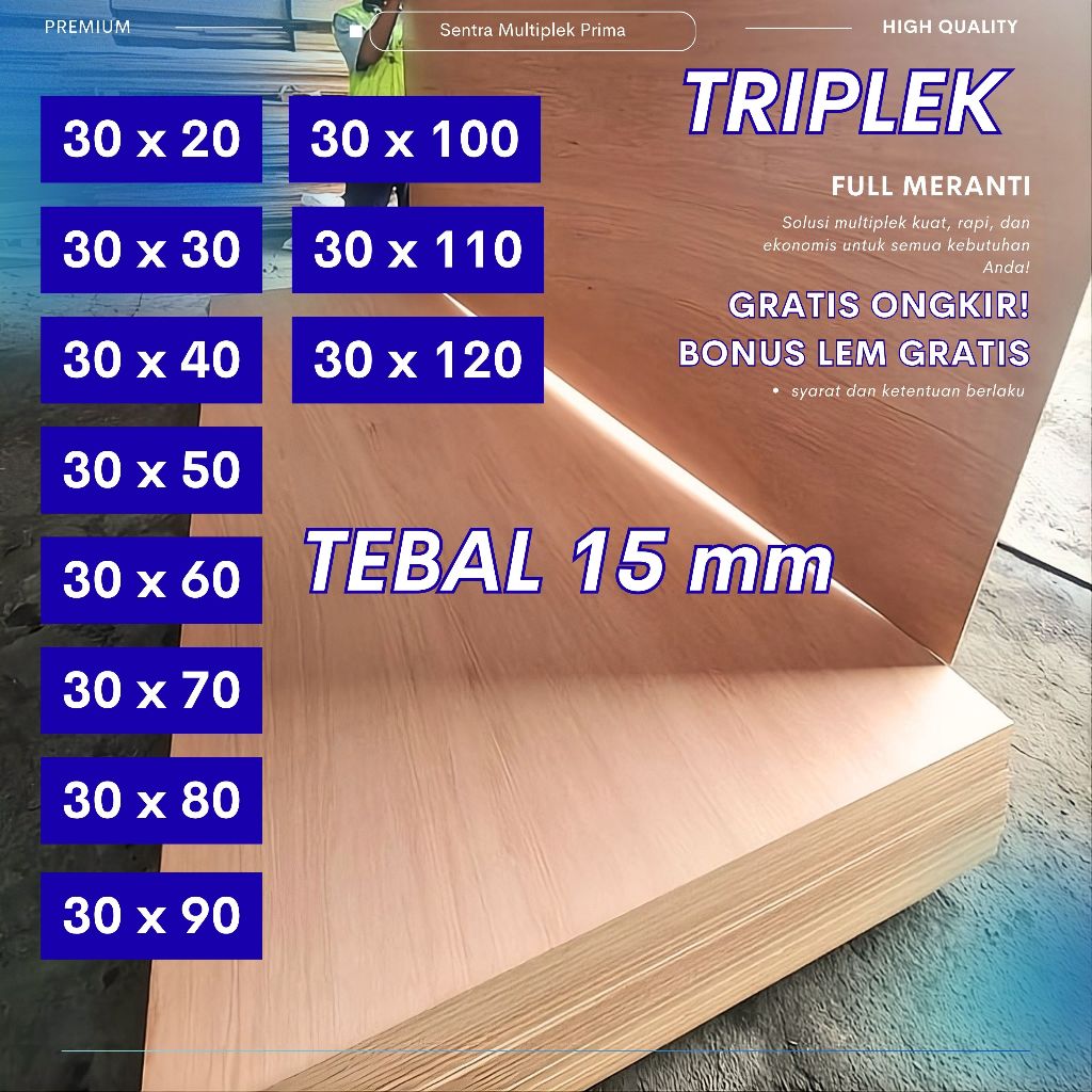 Triplek Full Meranti Tebal 15mm Premium, Berbagai Ukuran, High Quality