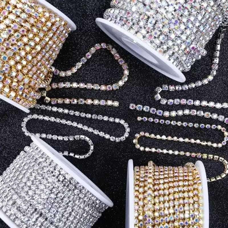 Rantai Rhinestone Crystal Chain Roll SS8 SS12 SS16 10 Yard Gold Silver