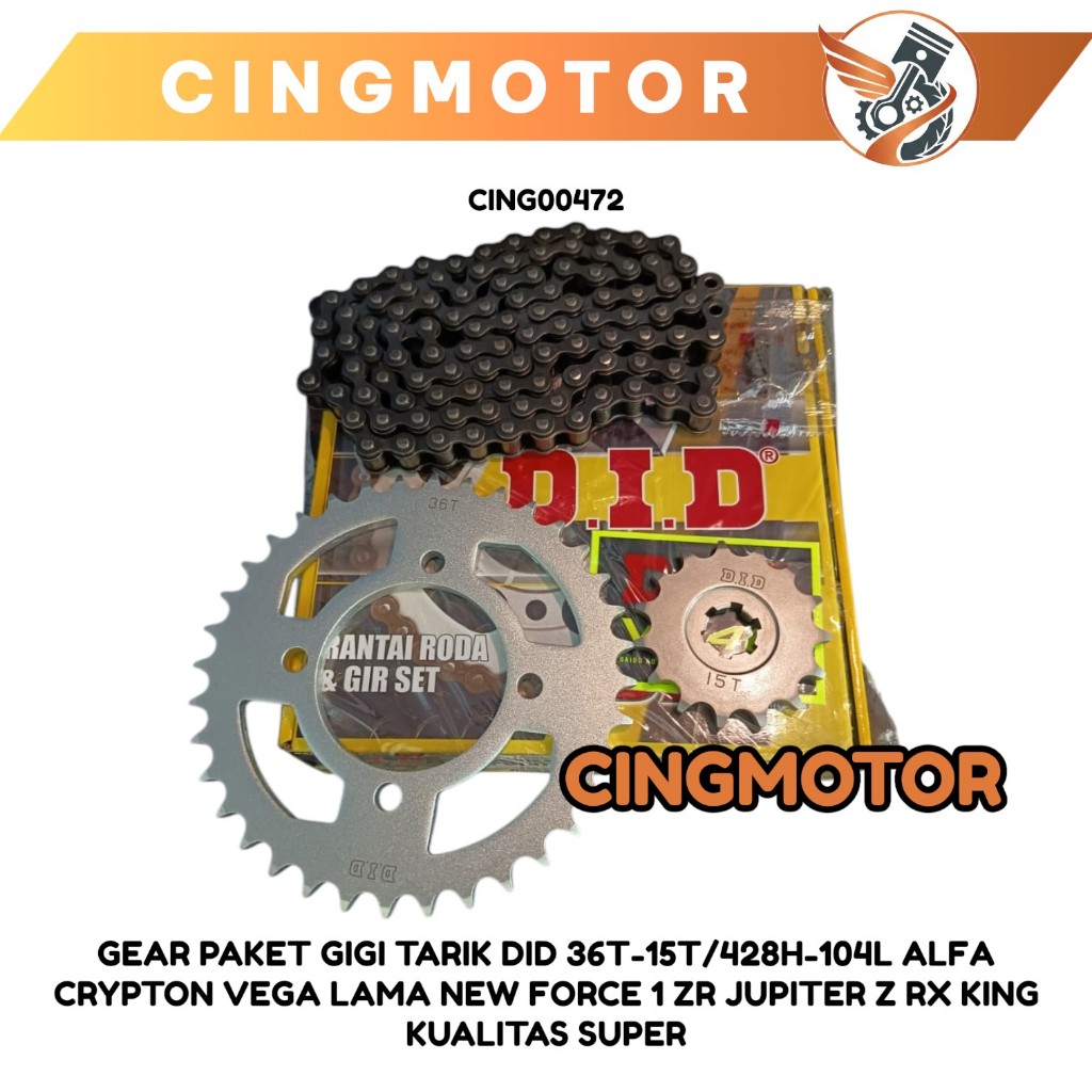 GEAR PAKET GIGI TARIK DID 36T-15T/428H-104L ALFA CRYPTON VEGA LAMA NEW FORCE 1 ZR JUPITER Z RX KING 