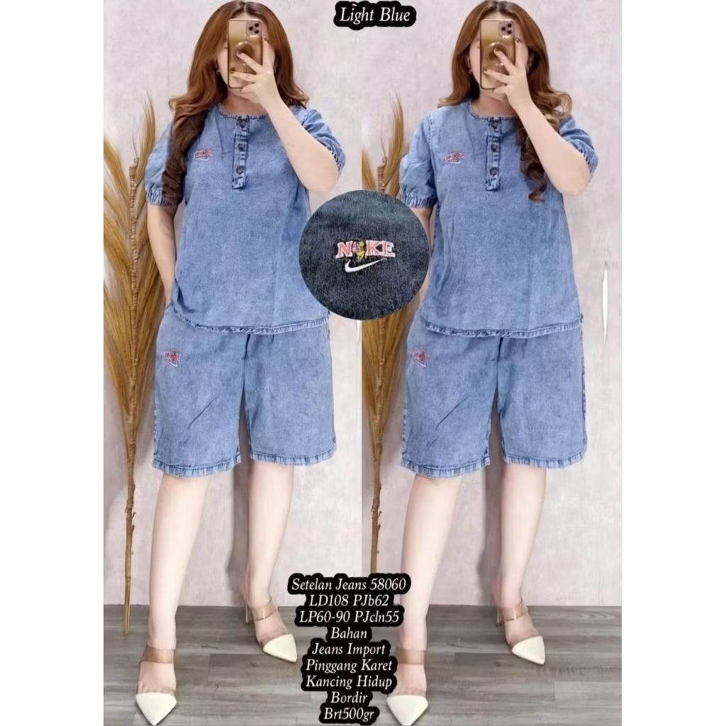 Setelan wanita jeans snow denim atasan kerah oblong celana pendek berbagai ukuran jumbo