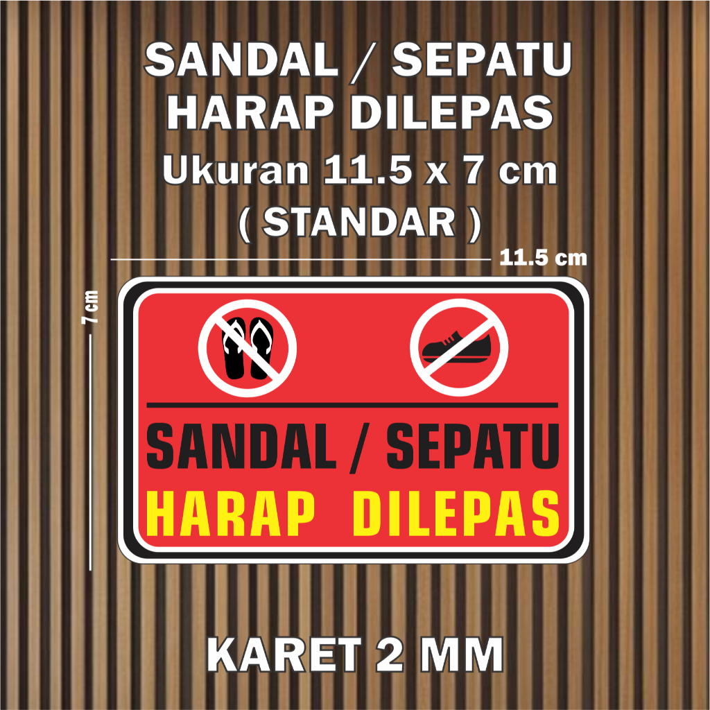 Pajangan hiasan dinding plang Sandal Sepatu Harap Dilepas Merah ukuran 11.5 x 7 cm Dekorasi peringat