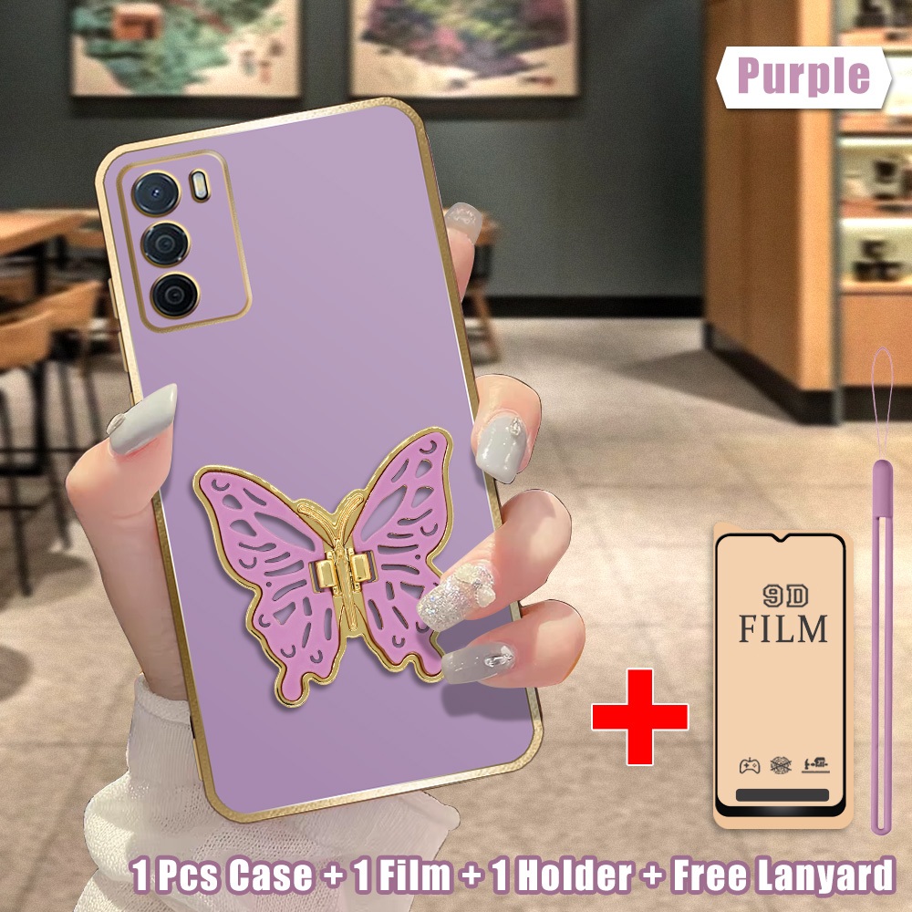 3 in 1 Casing OPPO A16 A16s Case Aesthetic Border Emas dengan Film Keramik Anti Gores dan Stand kupu