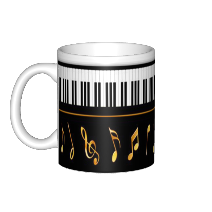 Gelas Mug Kopi Keramik Motif Piano & Not Musik Emas Desain Elegan untuk Pecinta Musik