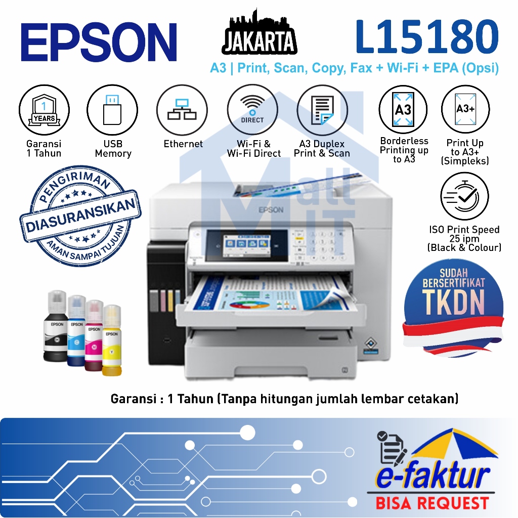 MALLIT EPSON Printer EPSON L15180 L-15180 L 15180 A3 Duplex ADF Wifi Pigment All in One Resmi Jakart