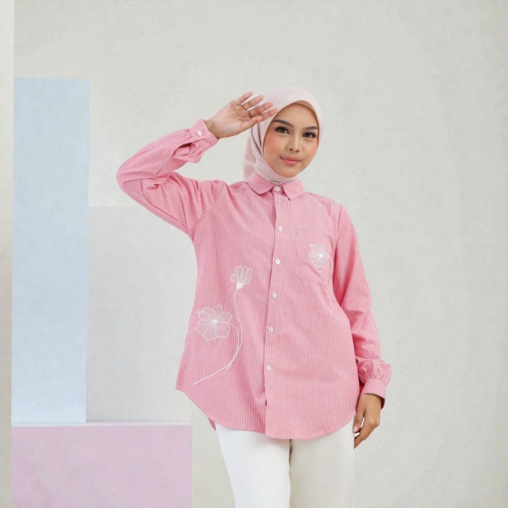 Kemeja Salur Wanita Katun Adem Oversize Korean Style Lengan Panjang Stripe Casual Kantor Kuliah Hija