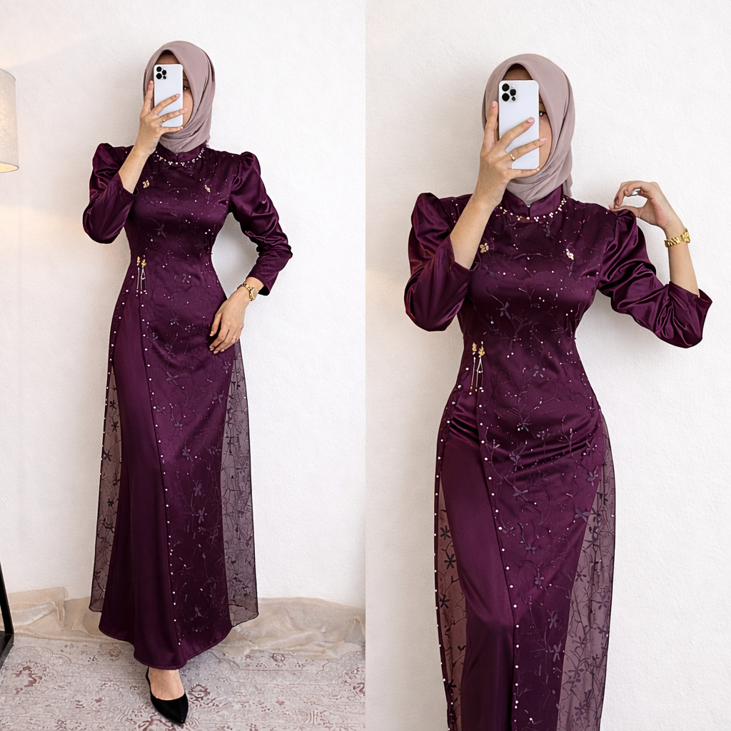 New Deals Special Burgundy Mahogany Floreta Maxy Dress Janggan Luxury Brokat Payet Mutiara Gamis