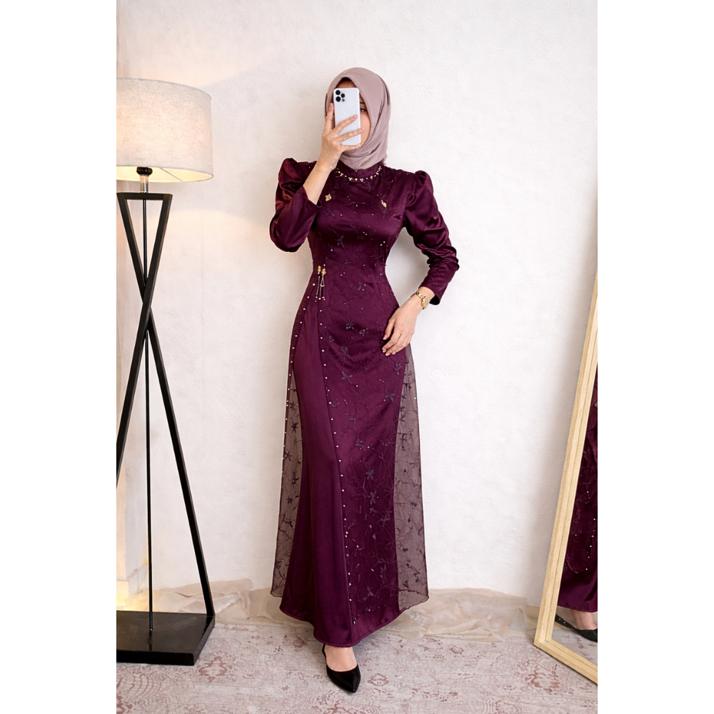 cuci gudang special burgundy mahogany floreta maxy dress janggan luxury brokat payet mutiara gamis