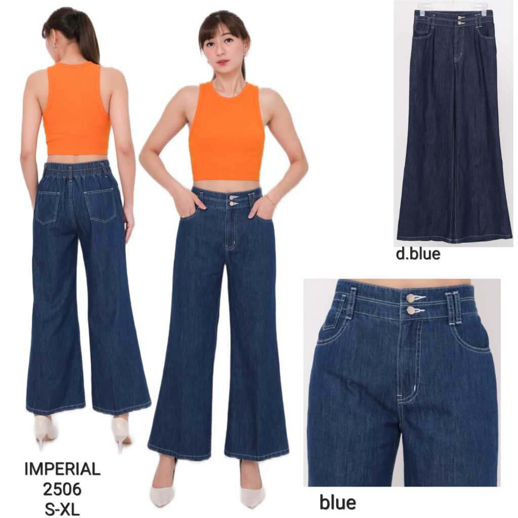 Celana Panjang Wanita Model Wide Lag Semi Kulot Bahan Soft jeans Denim - IMPERIAL 2506 Biru, Navy