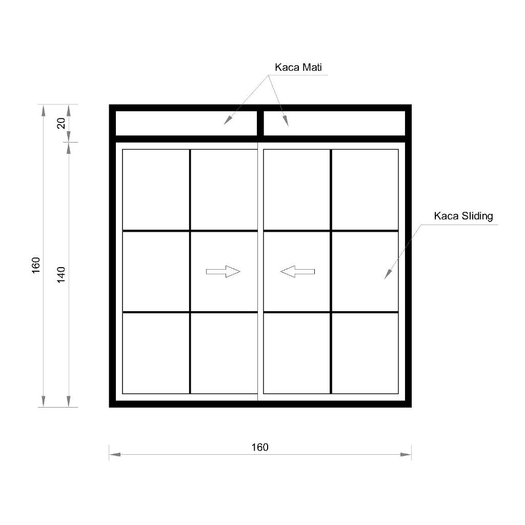 Custom Jendela Aluminium Sliding Kombinasi Atas Kaca Mati Ornamen Ukuran Tinggi 160 x Panjang 160 Cm
