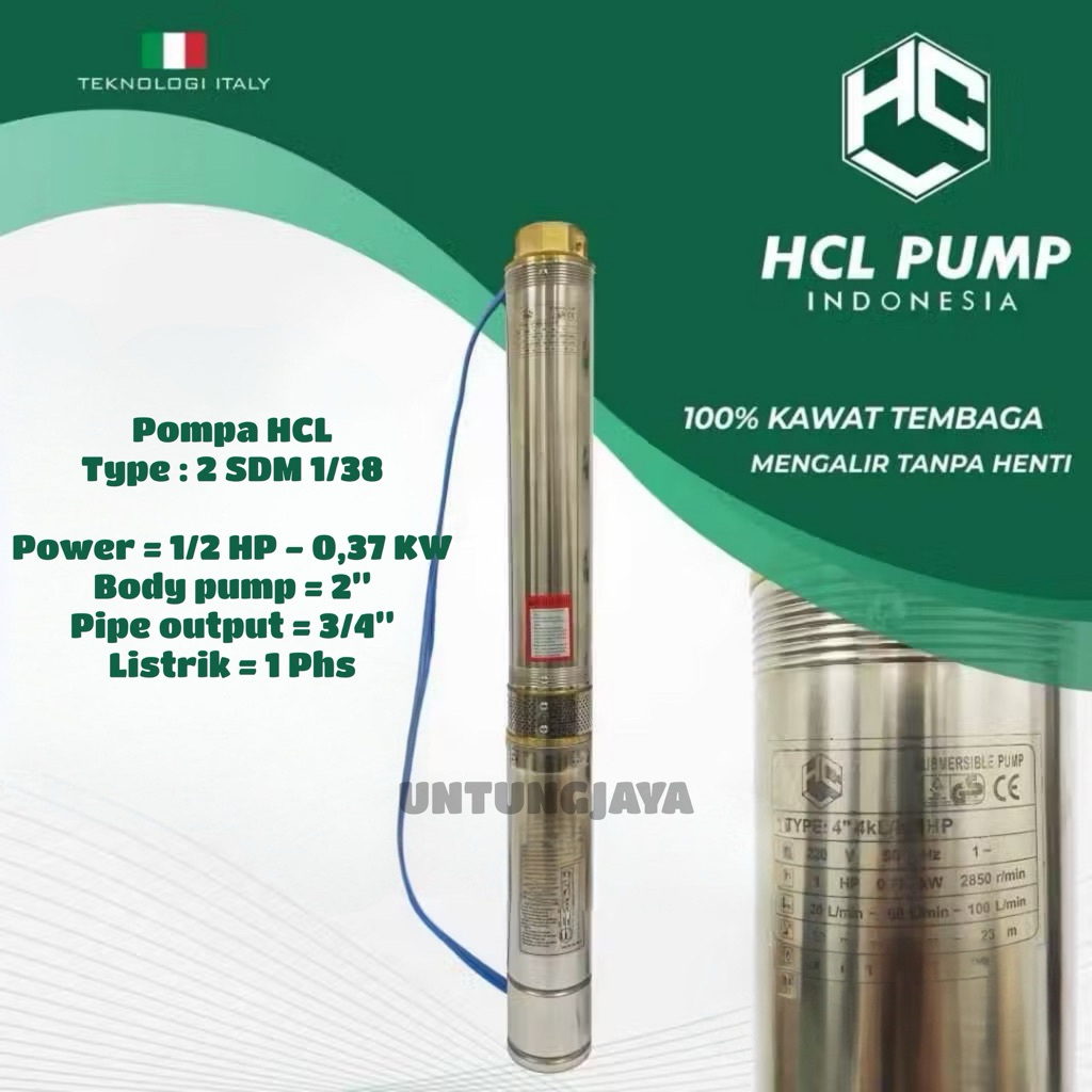 POMPA SUBMERSIBLE HCL 2 SDM 1/38 1/2 HP 0,37 KW 1 PHASE  // POMPA CELUP HCL 2 SDM 1-38 0,5 HP SINGLE