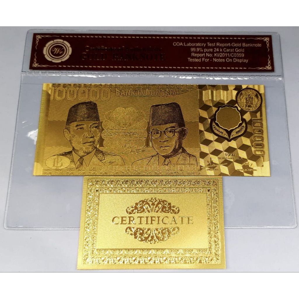 Uang souvenir gold foil bergambar 100.000 soekarno hatta polymer 1997 Garuda dalam lingkaran soufeni