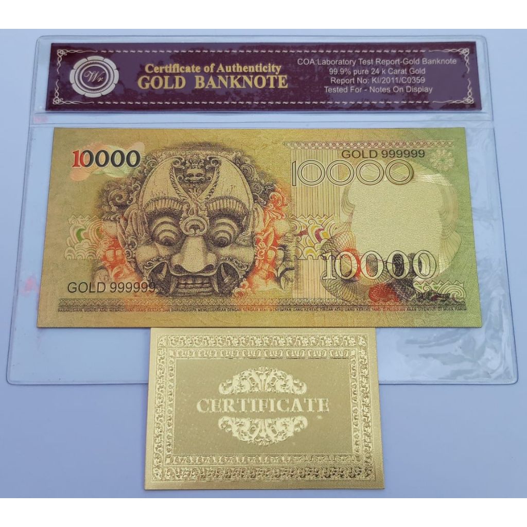 Uang souvenir gold foil color bergambar 10.000 barong 1975 soufenir goldfoil 10000 relief candi Boro