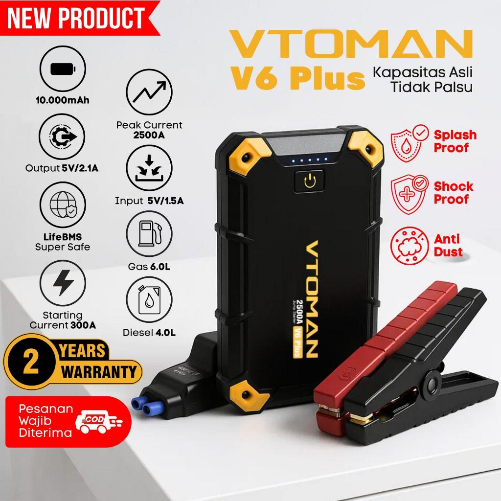 Vtoman V6 PLUS Jumper Aki Mobil Dan Motor kapasitas 10000mAH, Jumper Aki Kendaraan, Powerbank Portab