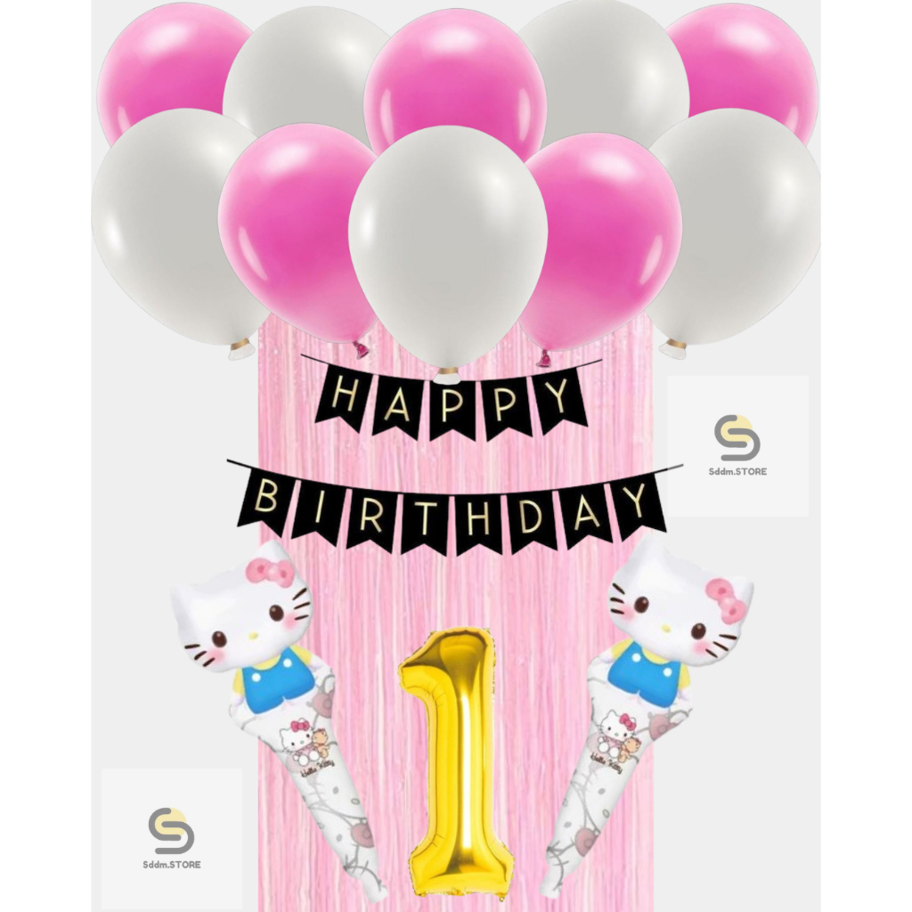 Paket Balon Hemat HellokittyPink Biru Hitam Putih dengan Balon Metalik untuk Pesta Meriah
