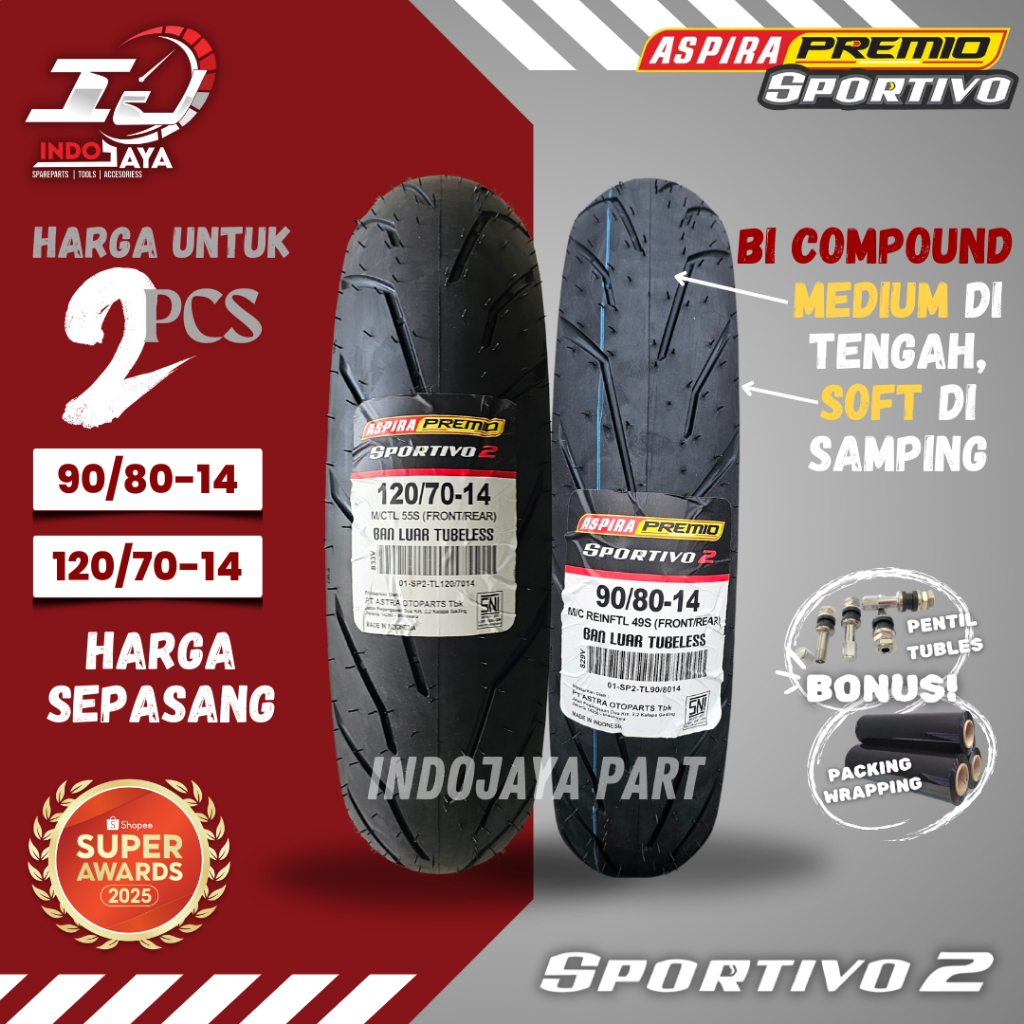 [HARGA MURAH SEPASANG] BAN LUAR ASPIRA PREMIO SPORTIVO 2 (90/80-14 & 120/70-14) BAN LUAR TUBELESS PR