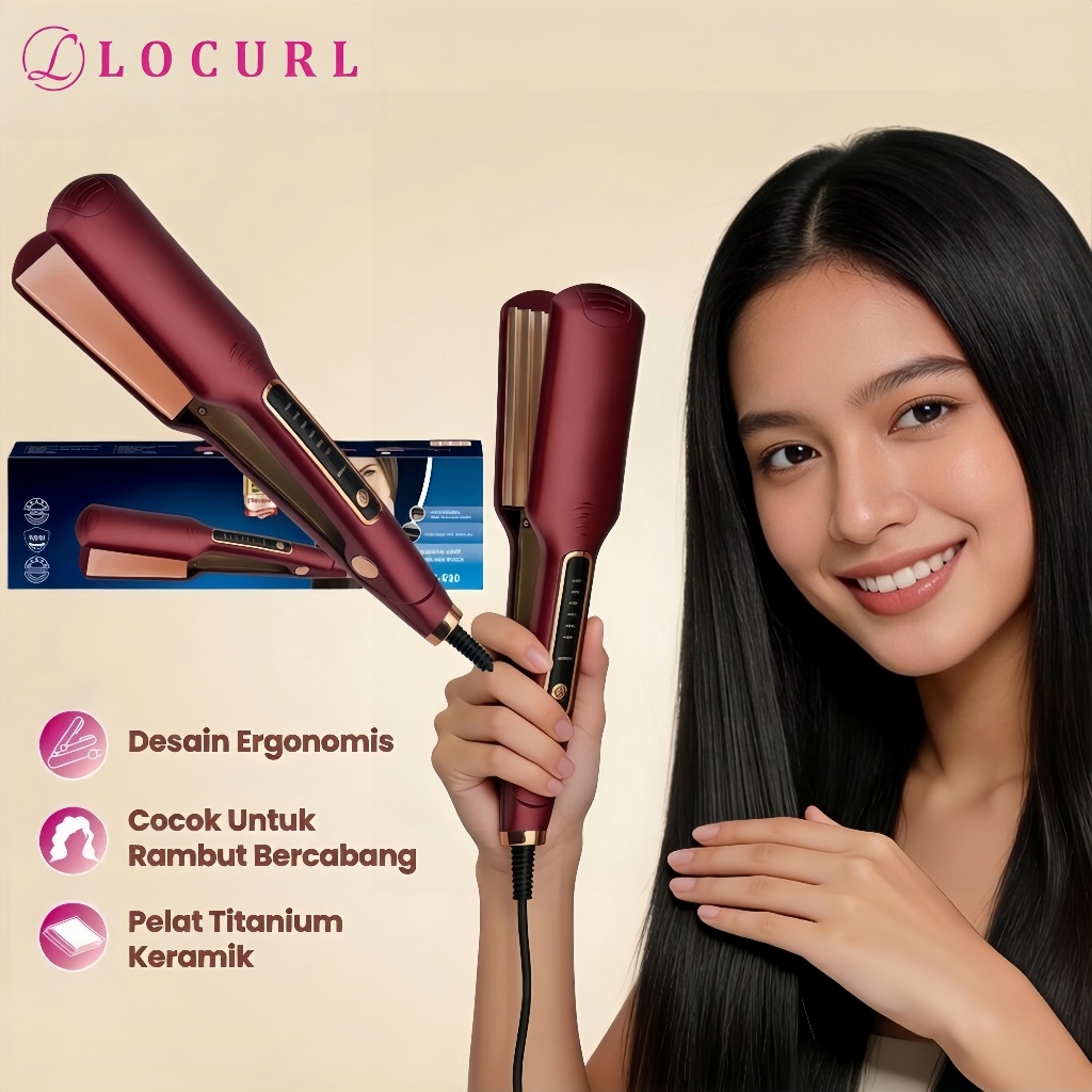 [24 JAM] LOCURL Catokan Rambut Catok Rambut 3 in 1, ion Ceramic Tourmaline Coating Inflatable Plate,