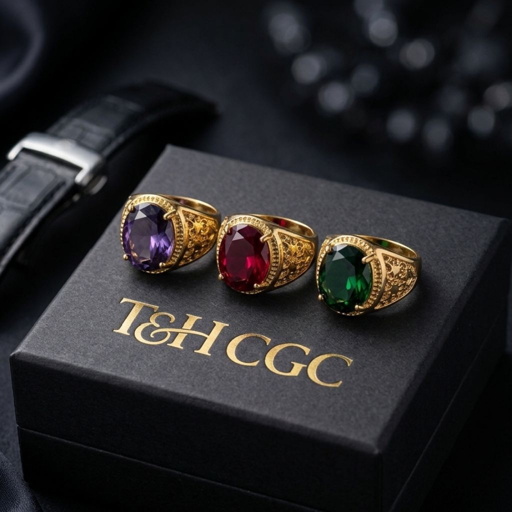 Cincin Pria Model Batu Akik Modern - Desain Korea, Warna Emas Batu Merah ungu hijau