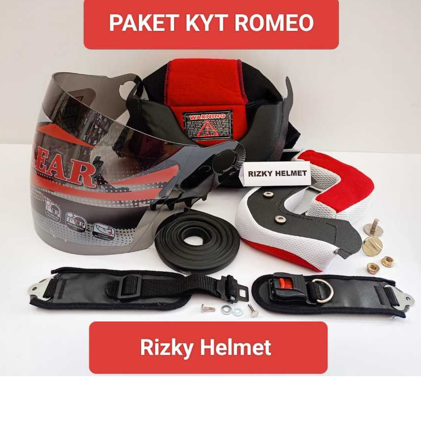 PAKET SPAREPART HELM KYT ROMEO, Busa helm KYT ROMEO + kaca helm + Baut & Mur helm + Tali helm + Lis 