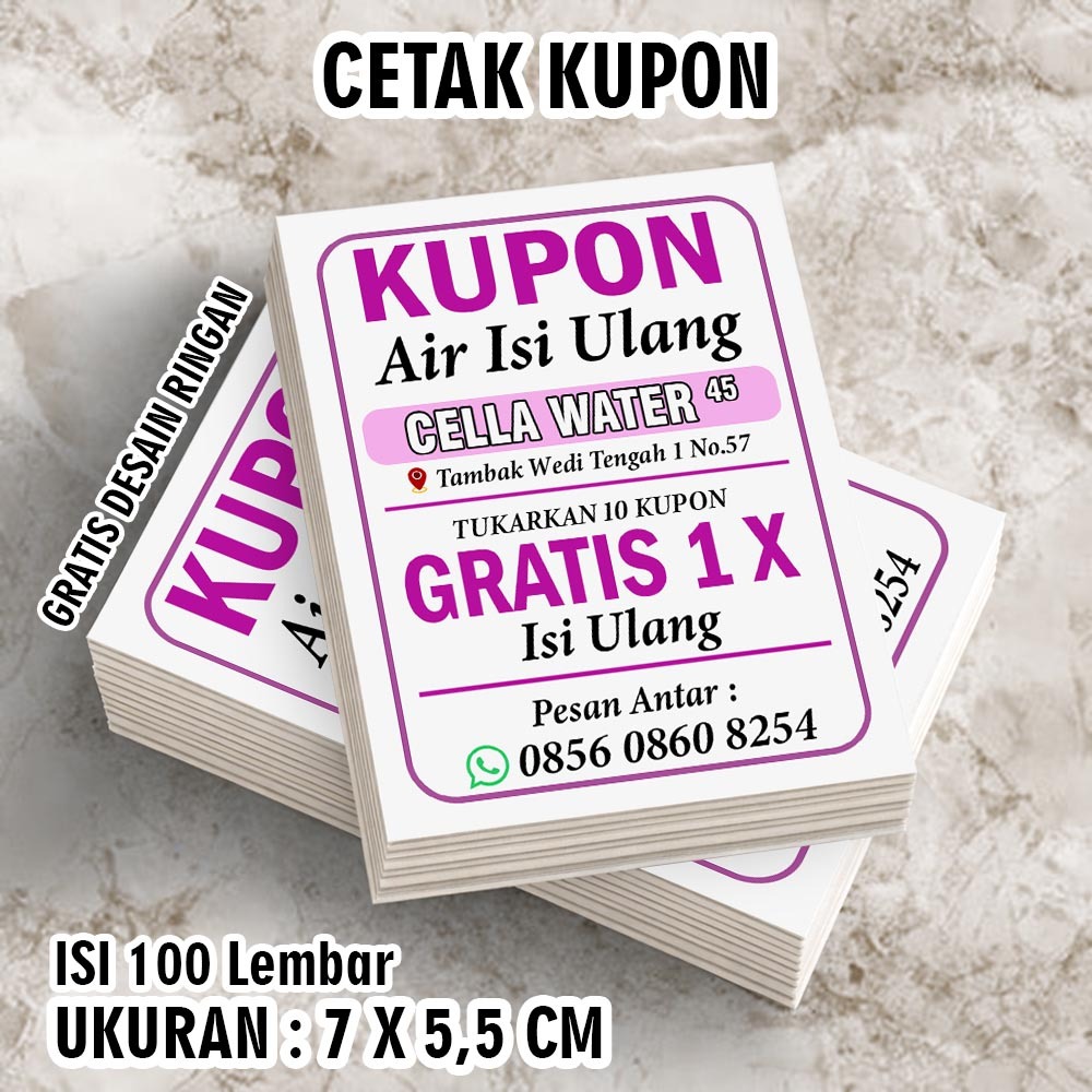 CETAK KUPON GALON RO AIR MINUM ISI ULANG ISI 100 LEMBAR