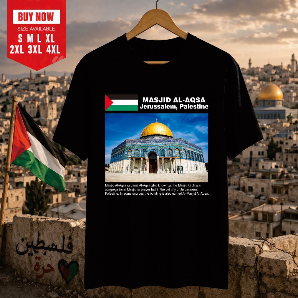 Kaos T shirt Masjid Al Aqsa Jerusalem Palestine palestina, kaos baju masjid Al Aqsa, kaos baju jalan