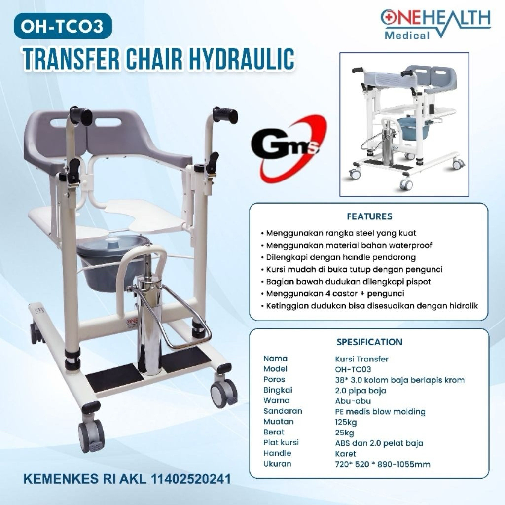 ONEHEALTH Transfer Chair Hydraulic TC-03 Kursi Roda Transfer + Commode Chair