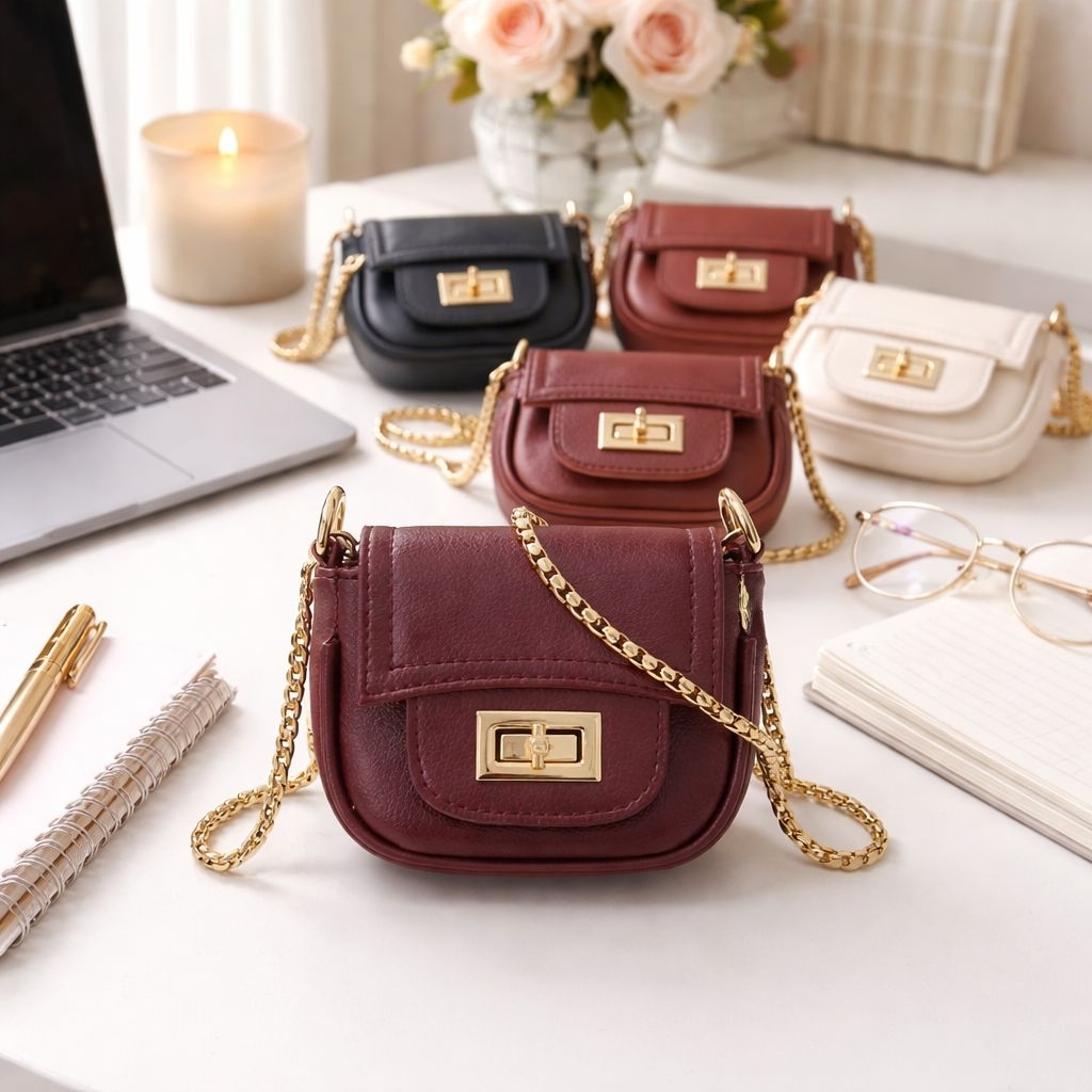 tas selempang wanita koin mini motif polos new collection rantai emas (ulir)