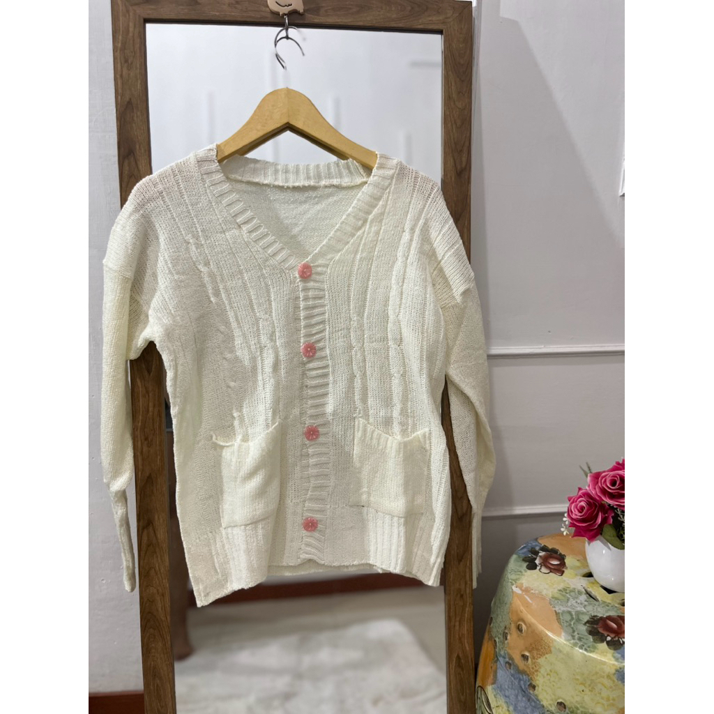 OFASHION Cardigan Rajut Broken White Wanita - Outer Knit Cable V-Neck Premium - Kardigan Kancing Pin
