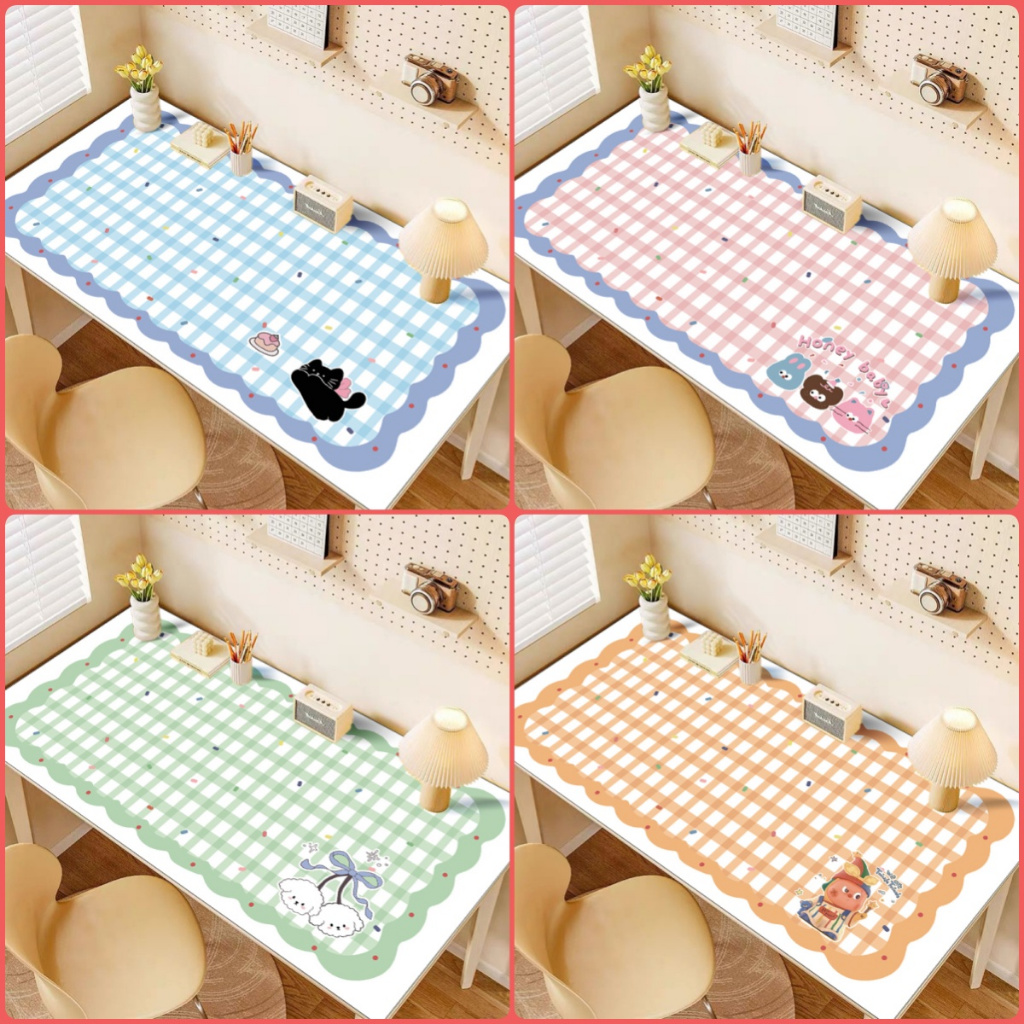 Taplak Meja Kerja Belajar Gingham Kotak Anti Slip Tahan Panas PVC Alas Meja Kucing Lucu Estetik