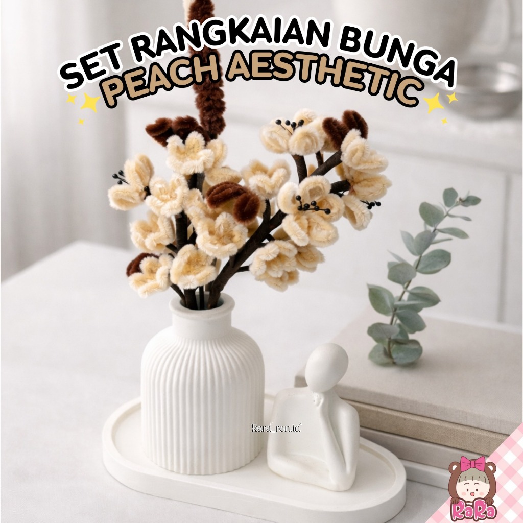 TERMURAH  1 SET BUNGA PEACH KAWAT BULU AESTHETIC TERMASUK VAS  + COASTER OVAL CONCREATE HIASAN RUMAH