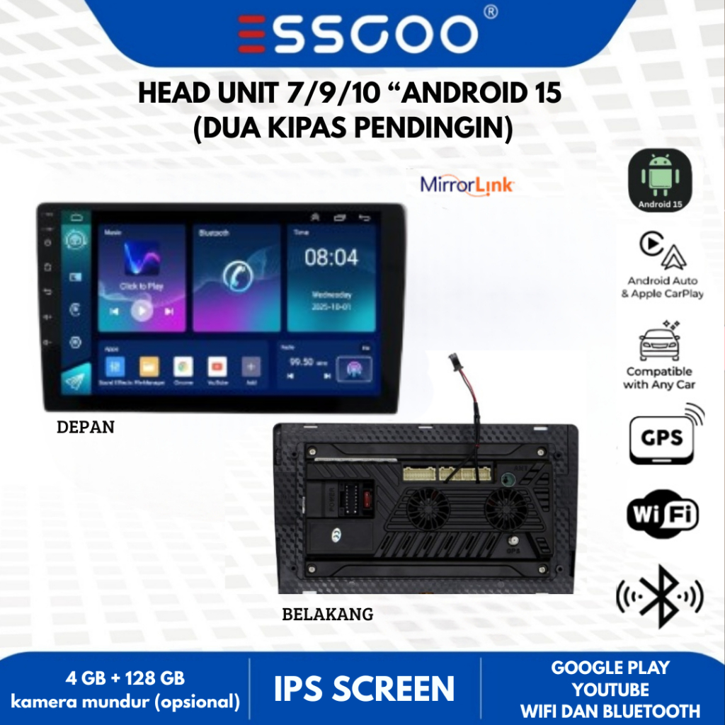 ESSGOO Head Unit Android 15 mobil 4G+128G 7/9/10 Inch Double Cooling Fan Kontrol Suhu Cerdas IPS Lay