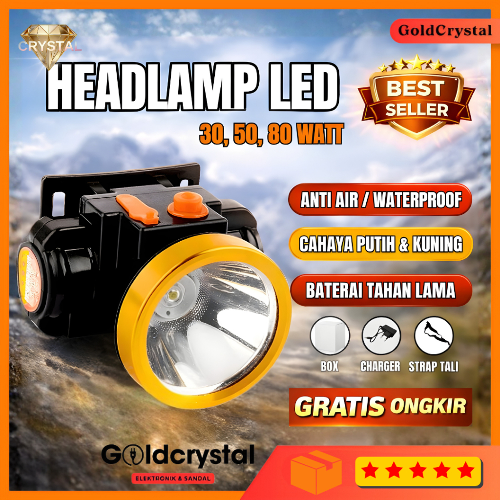 Lampu Senter Kepala LED 35W/50W/80W Headlamp Battery Lithium