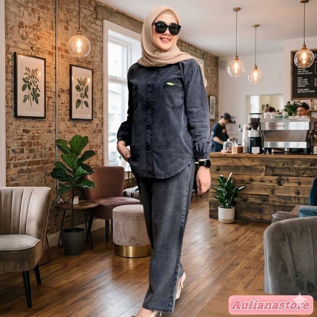 Aldira Setelan Jeans Wanita Kulot Jumbo Setcel Kemeja Ld 110,120,130