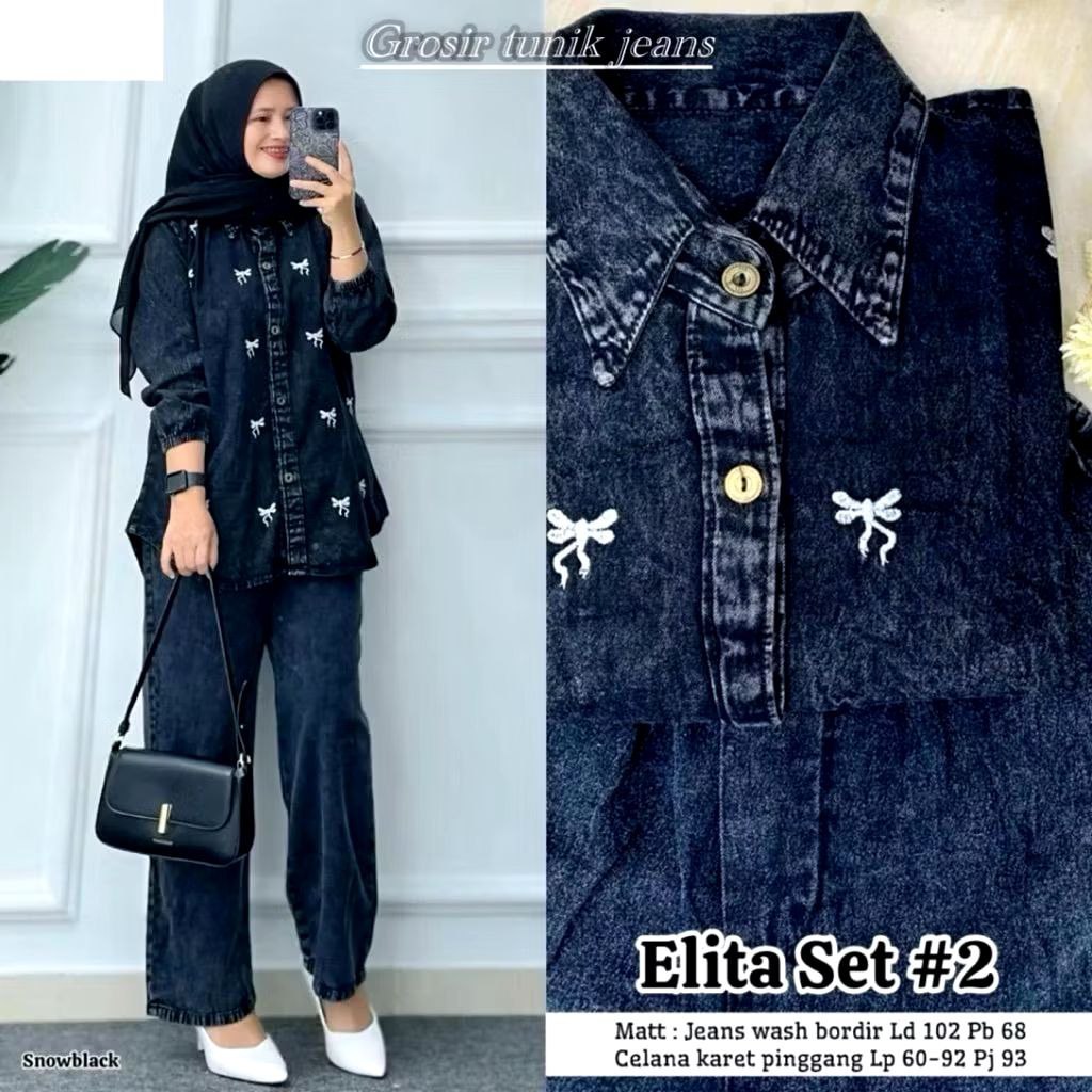 Elita Setelan Kulot Jeans Wanita Bordir Jumbo Setcel Jeans Wash Premium