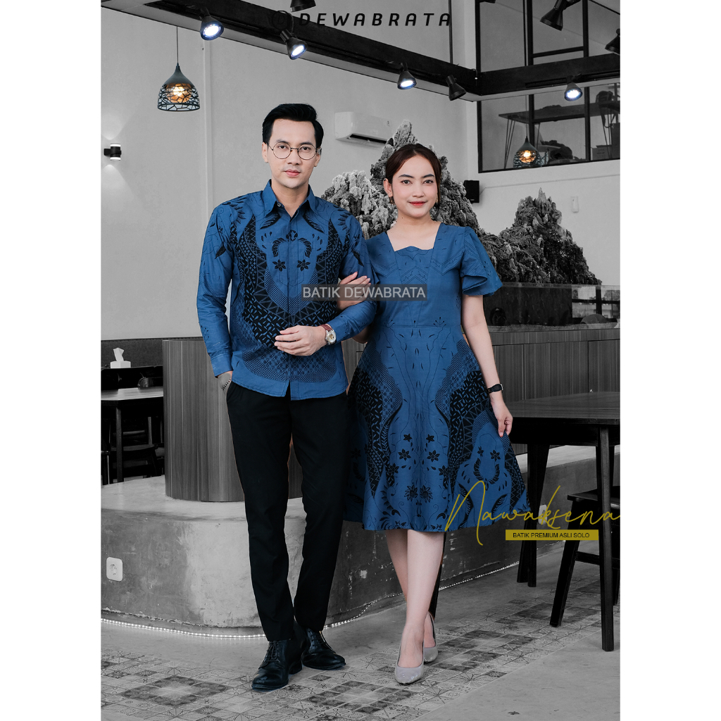 NAWAKSENA Batik Set Couple Kemeja Dress Katun Lapis Sarimbit Keluarga Furing Modern Elegan Nyaman