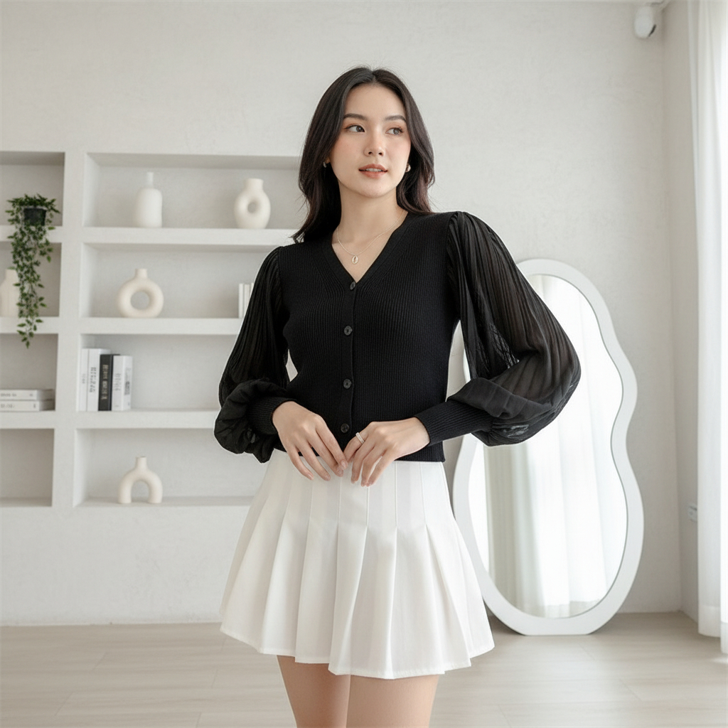 [TTEUDA] Knit Korean Puff Sleeve Lengan Balon Wanita Import | Korean Basic Style Lengan Balon Import