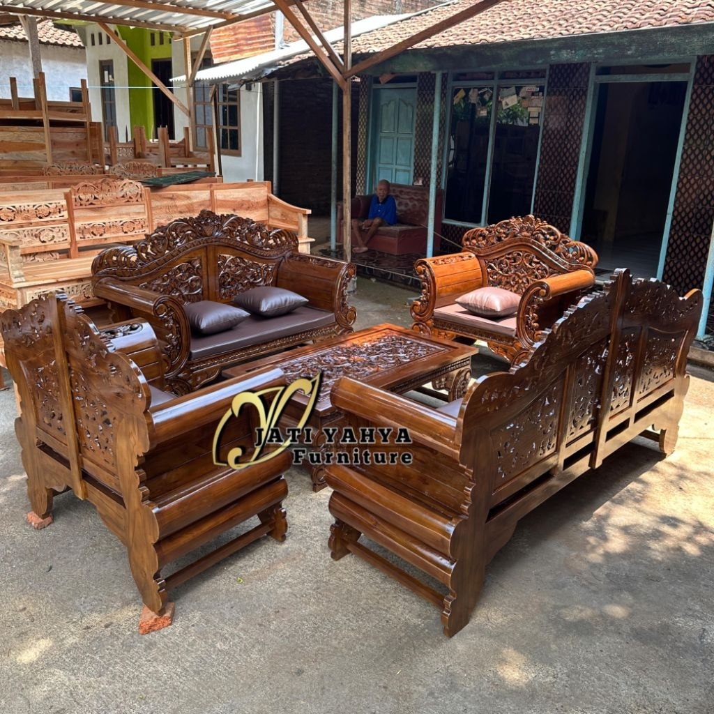 Kursi tamu madura arjuna Jumbo bahan jati tpk perhutani Asli Jepara original formasi 3211 + meja Fre