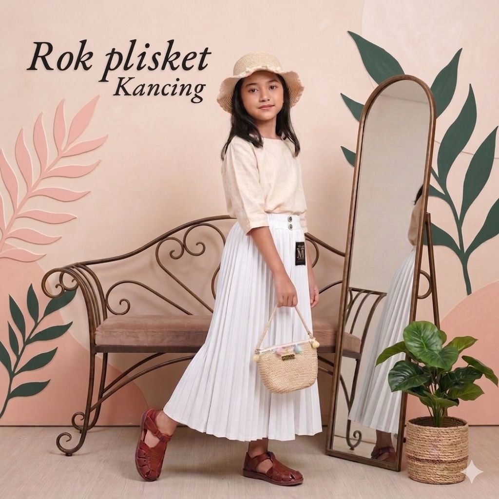 ROK PLISKET KANCING ANAK PEREMPUAN 4-14 TAHUN / ROK HAYGET PLISKET MUSLIM ANAK / ROK anak remaja tan