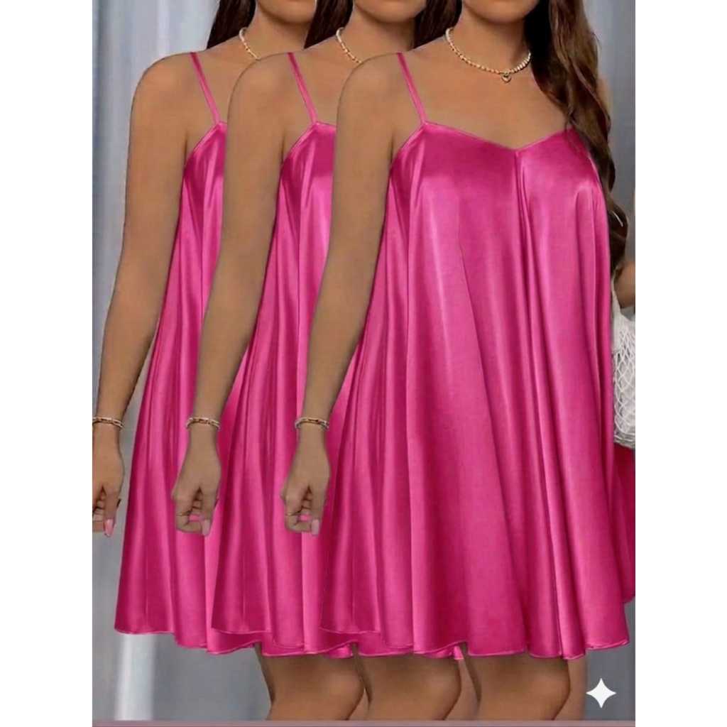 Dress REVA  Lekbong Wanita Bahan Satin Silk  Dres Santai / Dress Korea Wanita Jumbo Tali Kecil Tengt