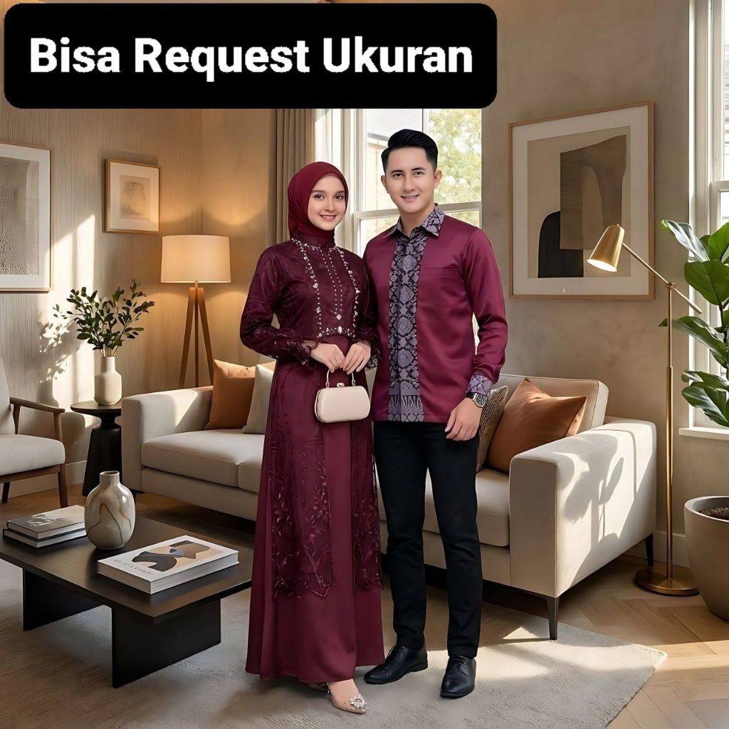 SET ANISA DRESS BURGUNDY ORI COUPLE KEMEJA KOKO KOMBINASI / CUSTOM ANAK & JUMBO / BAJU SERAGAM BATIK