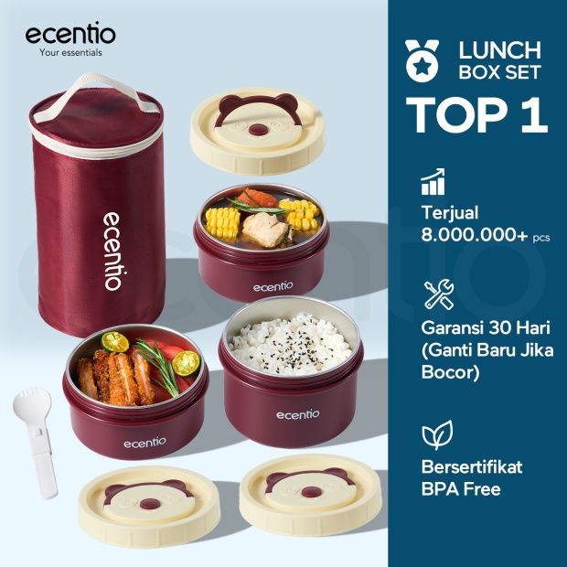 ecentio lunch box tas set 3pcs merah Kotak Makan anti tumpah 304 Stainless Steel tas bekal dan free 