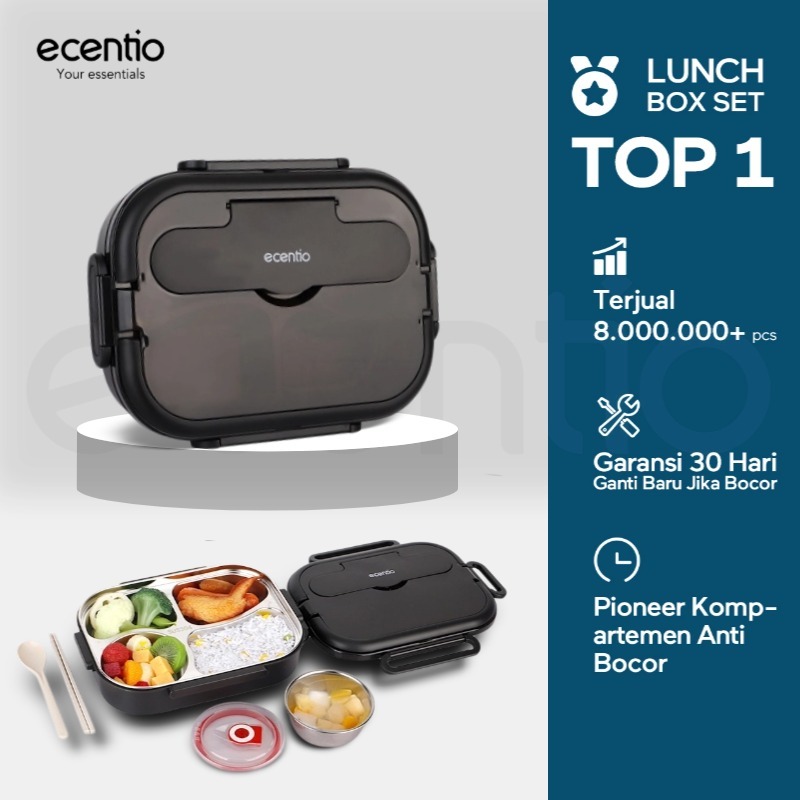 ecentio lunch box 1000ml stainless 304 sekat 4 dan tempat sup kotak makan anti tumpah free sendok su