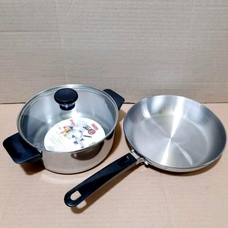 NEW Panci set Maxim panda / Penggorengan stainless dan panci stainless + tutup kaca tebal Wajan Kitc