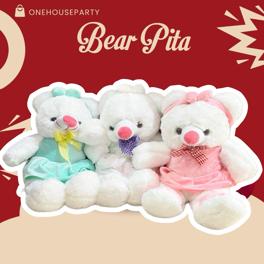 Boneka beruang teddy bear pita besar tegak berdiri korea lucu boneka panda baju motif kotak sayap on