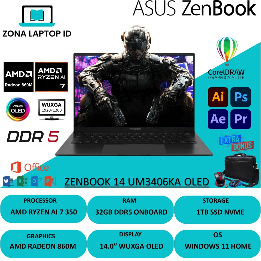 Asus Zenbook OLED 14 UM3406KA Ryzen AI 7 350 Ram 32GB 1TB SSD WUXGA Touchscreen Windows 11
