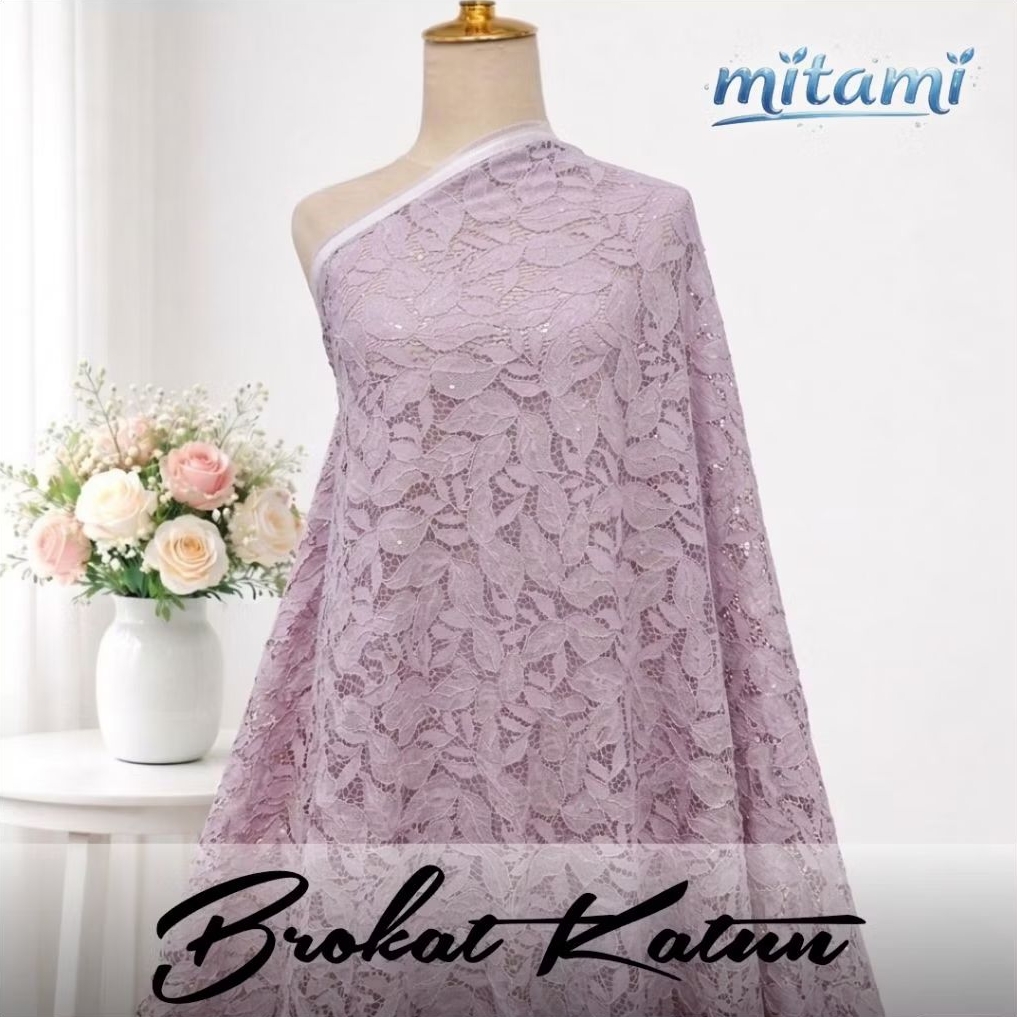 MITAMI Kain Brokat Lace Motif Daun Kecil Warna Lilac (Harga Per 0,5)