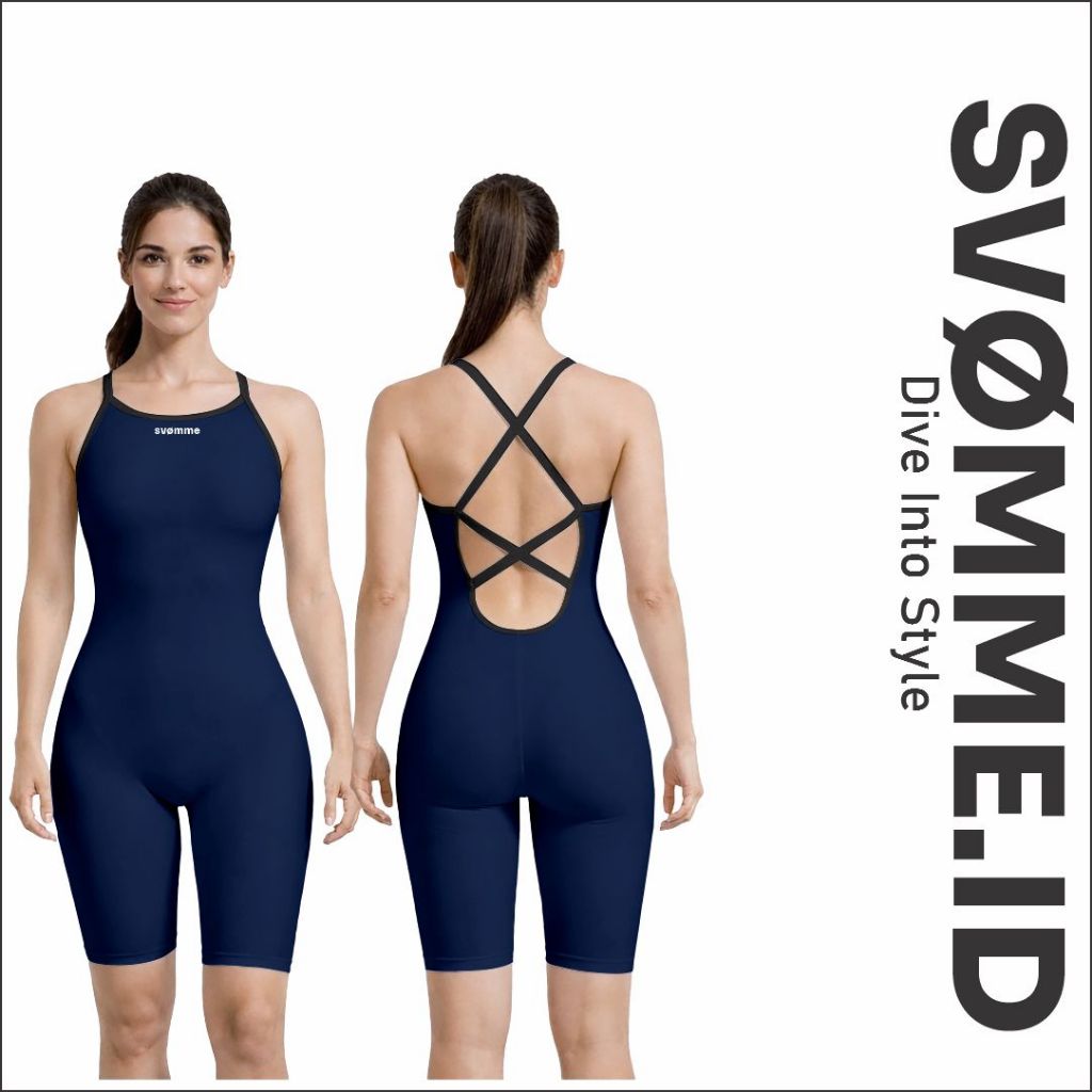SVOMME Women Racing Kneeskin Swimsuit Open Back X Strap – Baju Renang Wanita - Free Request Nama - U